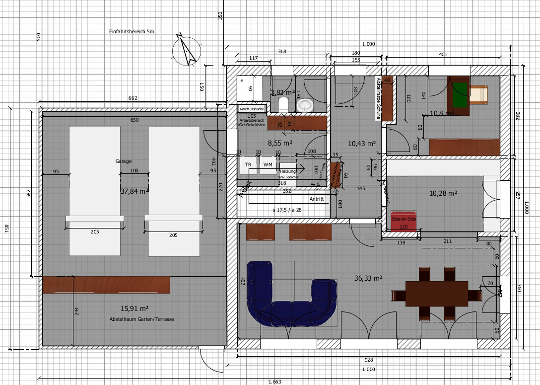 Grundriss eines Hauses mit Garage, Wohnzimmer, Küche, Essbereich, Treppenhaus und Terrasse.