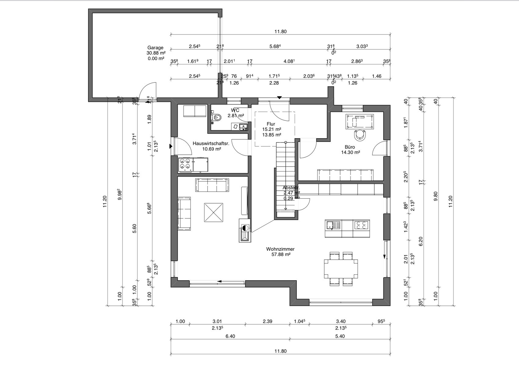 Grundriss eines Hauses: Wohnzimmer, Küche, Büro, Flur, WC, HAR, Abstellraum, Garage.