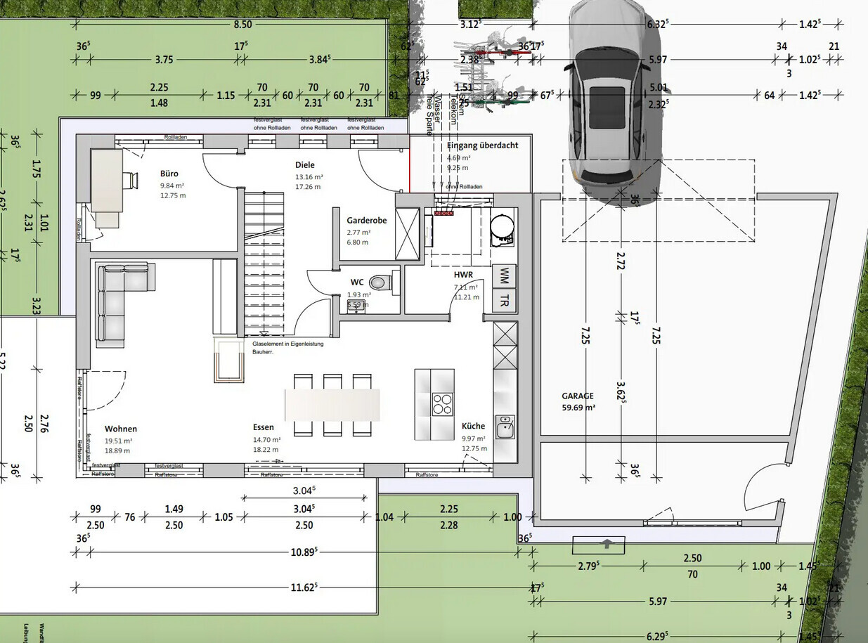 Grundriss eines Einfamilienhauses mit Garage, Auto, Wohn-/Essbereich, Küche, Büro, HWR.