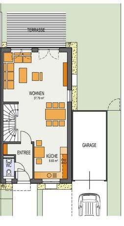 2D Grundriss eines Hauses mit Wohnzimmer, Küche, Eingangsbereich und Garage.