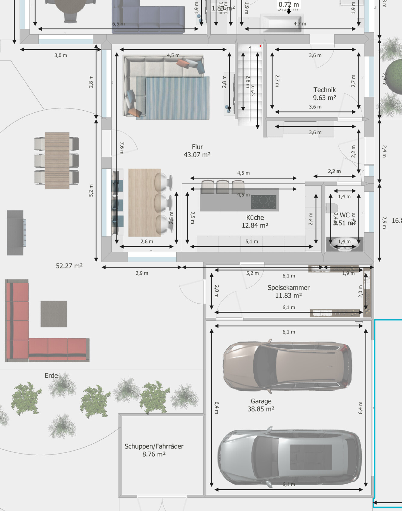 Grundrissplan eines Hauses mit Küche, Flur, Wohnzimmer, Speisekammer und Garage