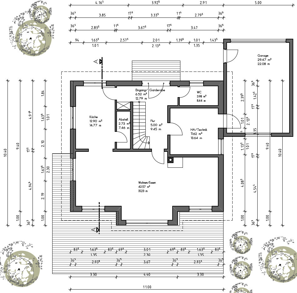 Grundriss eines Hauses: Küche, Wohnen/Essen, Flur, WC, Garage, Technik, Abstell.