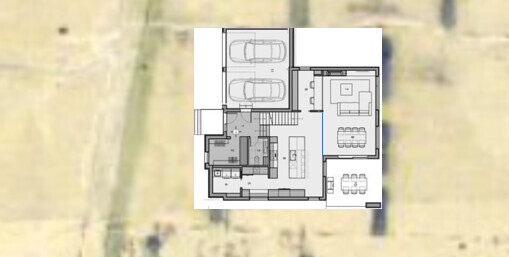 Grundriss eines Hauses: Garage mit zwei Autos, Küche, Wohn-/Essbereich und Schlafzimmer.