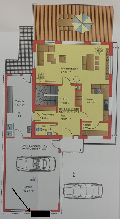 Grundriss Erdgeschoss: Wohnen/Essen, Küche, WC, Garderobe, Flur, Abstellraum, Technik, Garage