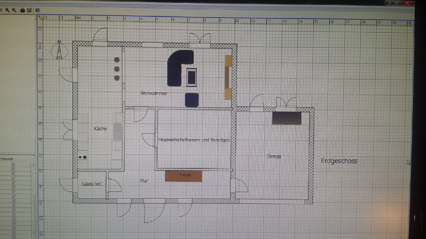 2D-Hausgrundriss mit Wohnzimmer, Küche, Gäste-WC, Flur, Treppe und Garage
