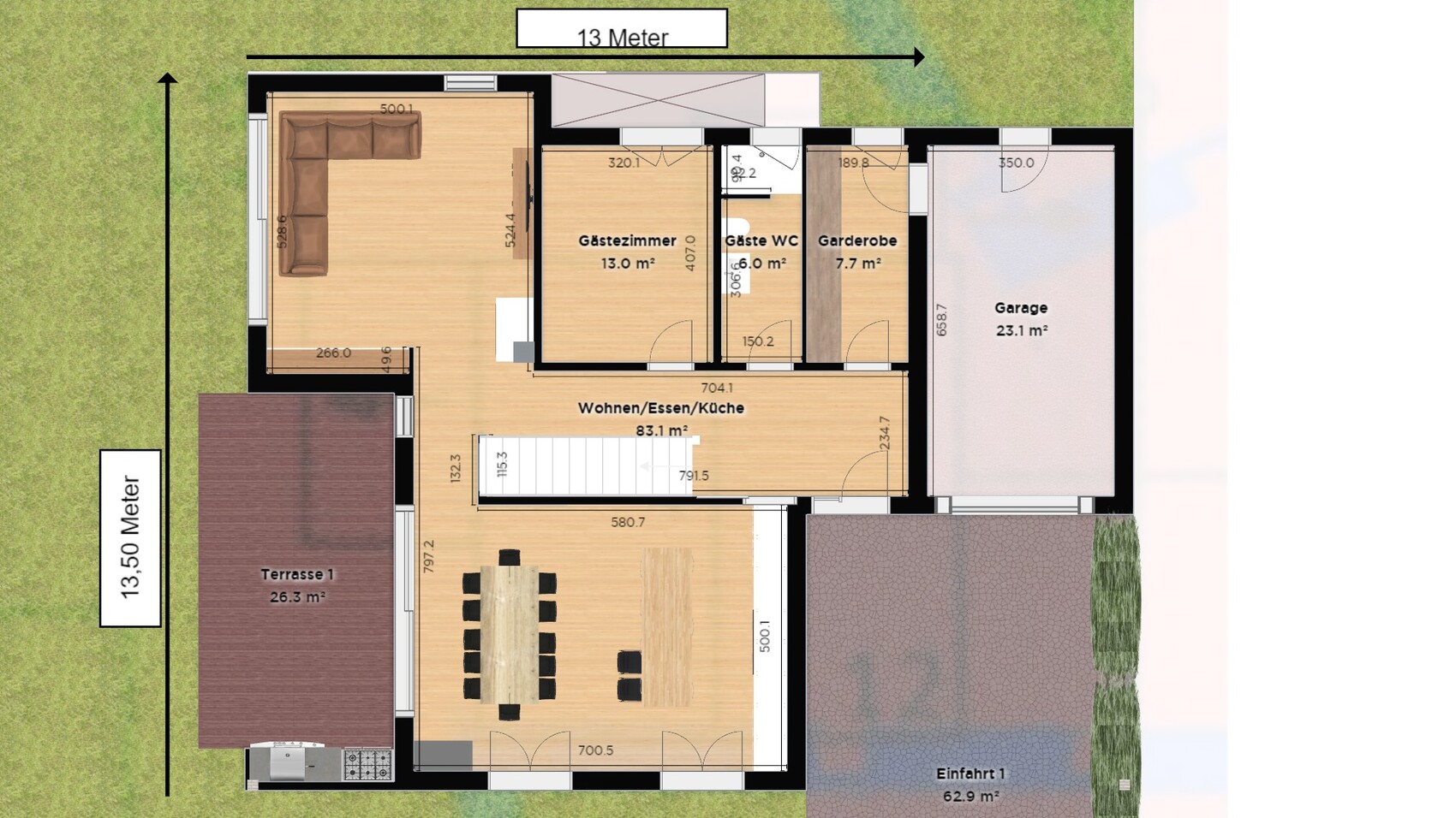 Grundrissplan eines Hauses mit Wohnzimmer, Küche, Gästezimmer, Garderobe, Garage und Terrasse