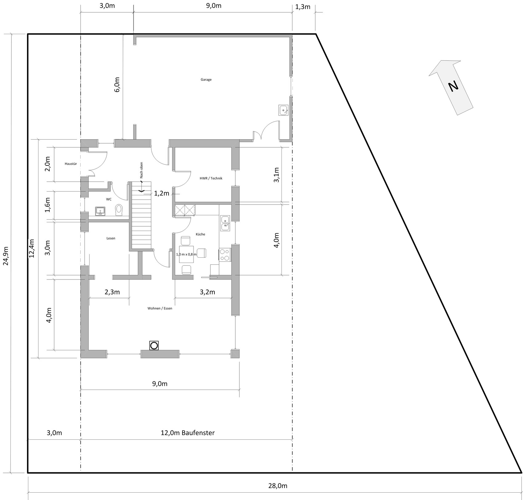 2D-Hausgrundriss mit Wohnzimmer, Küche, Garage und Technikraum