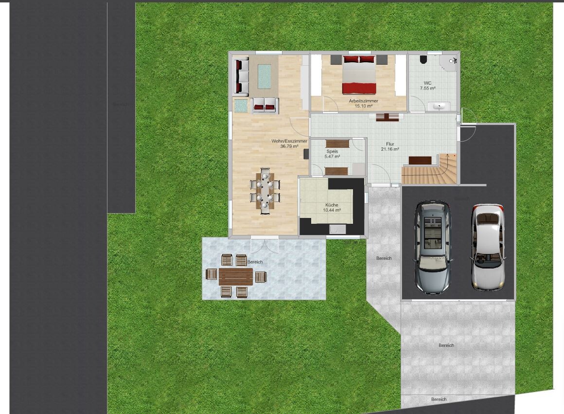 Hausgrundriss von oben mit Garten, Terrasse und Parkplätzen
