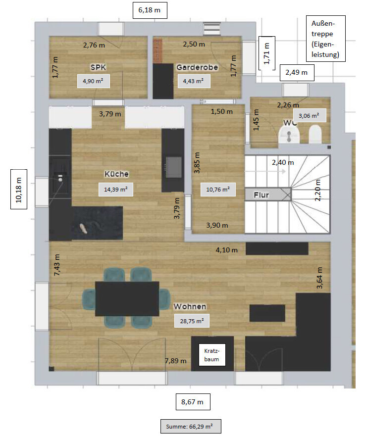 Grundriss eines Hauses: Küche, Wohnen, Flur, Garderobe, SPK, Treppenaufgang.