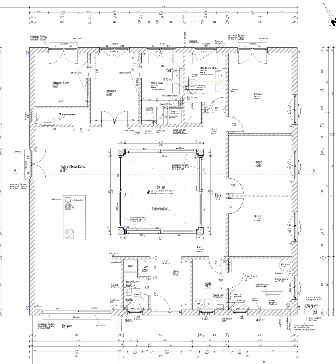 Grundriss eines Hauses mit mehreren Zimmern (Küche/Bad/Flure) und Wänden als Planlayout