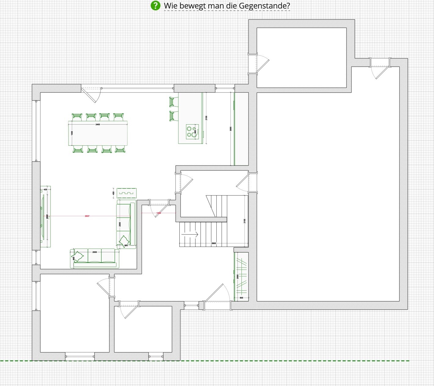 Detaillierter Grundriss eines Hauses mit Küche, Wohnzimmer und Treppenhaus
