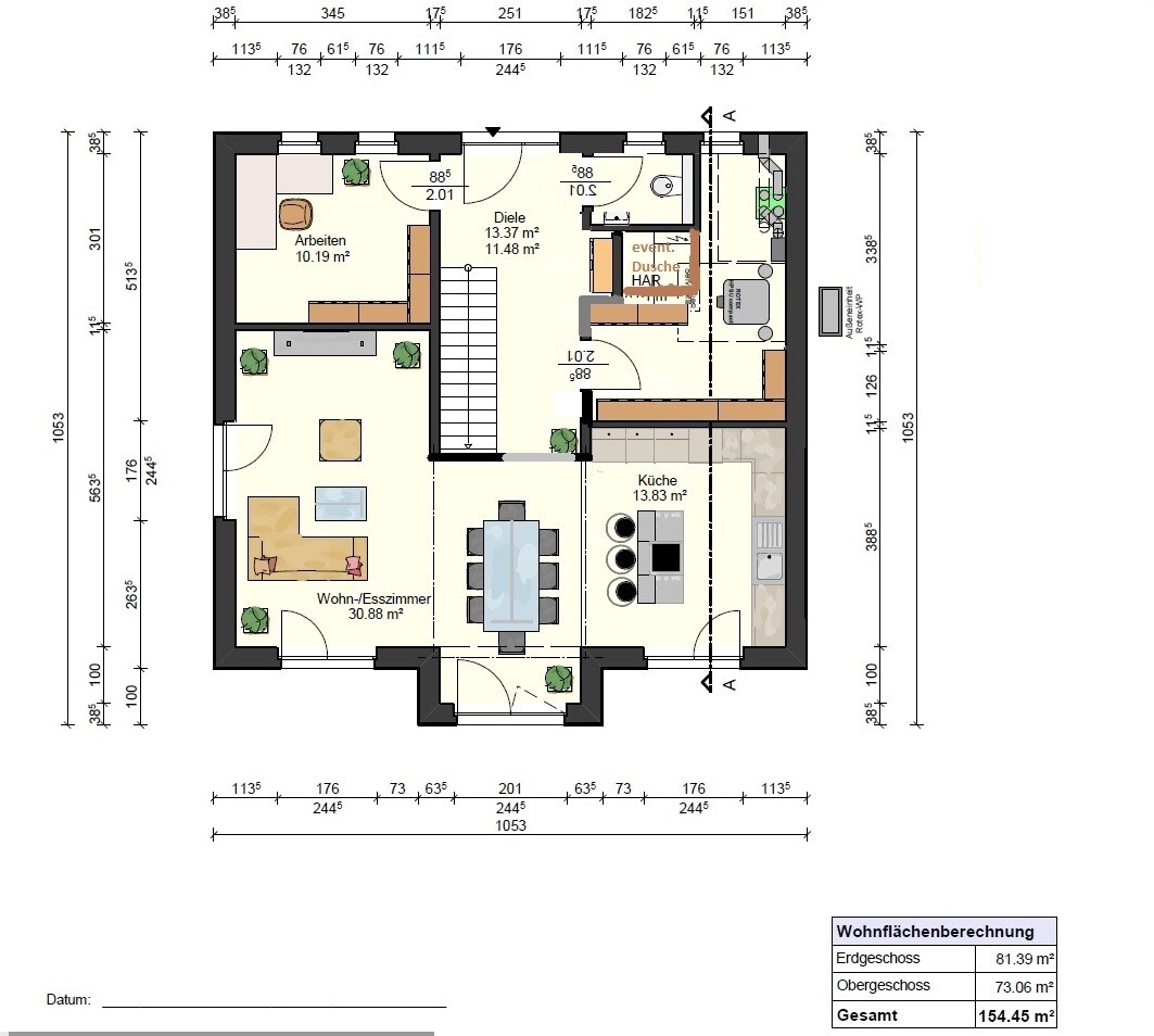 Grundriss Erdgeschoss: Wohn/Esszimmer, Küche, Arbeitszimmer, Diele, Treppe, Bad/Dusche.