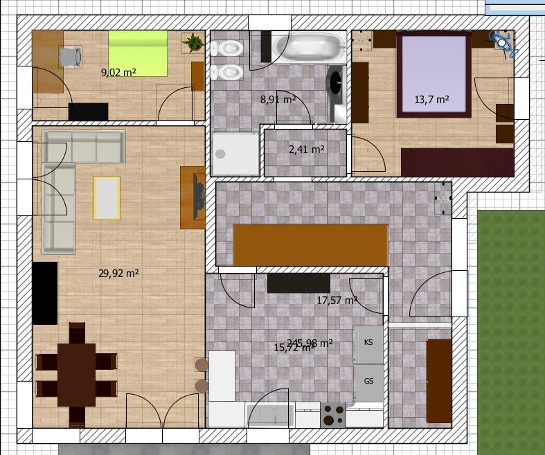Grundriss eines Hauses mit Wohnzimmer, Küche, Essbereich, Flur, zwei Schlafzimmern, Bad und Garten.