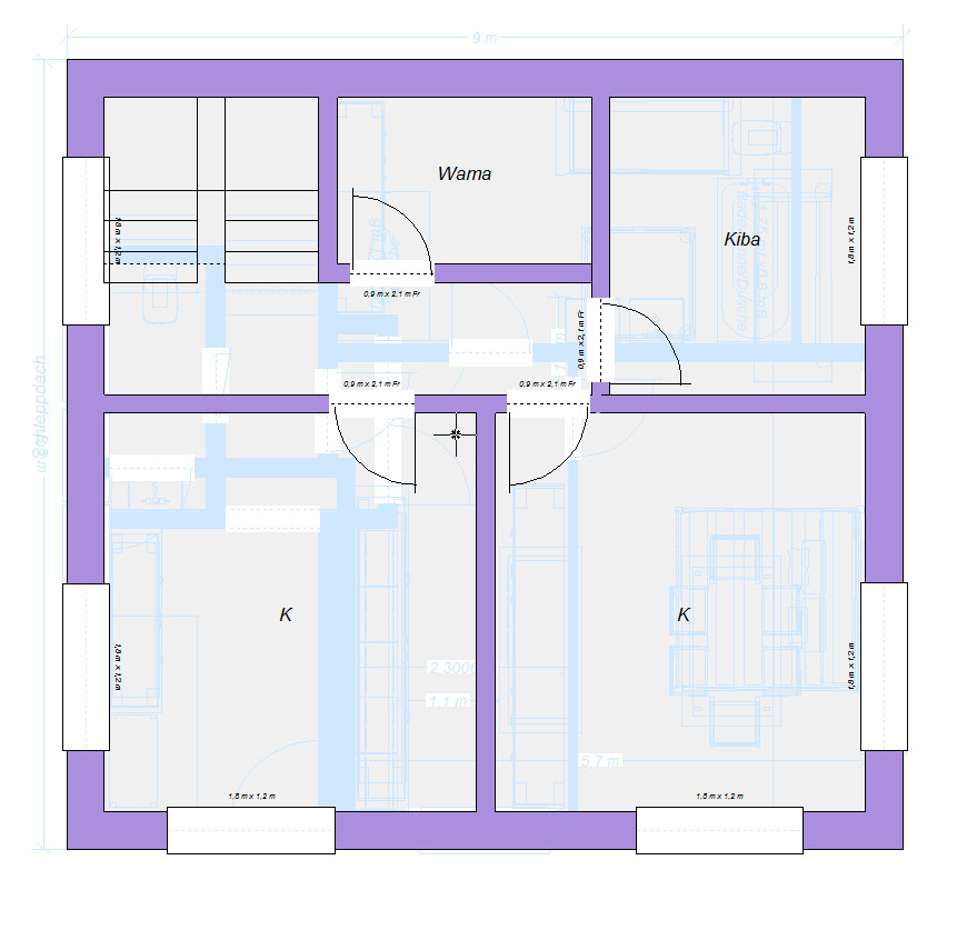 Grundriss eines Wohnungsplans mit Räumen Wama, Kiba und zwei Küchen (K); zentrale Rundbogen-Türen.