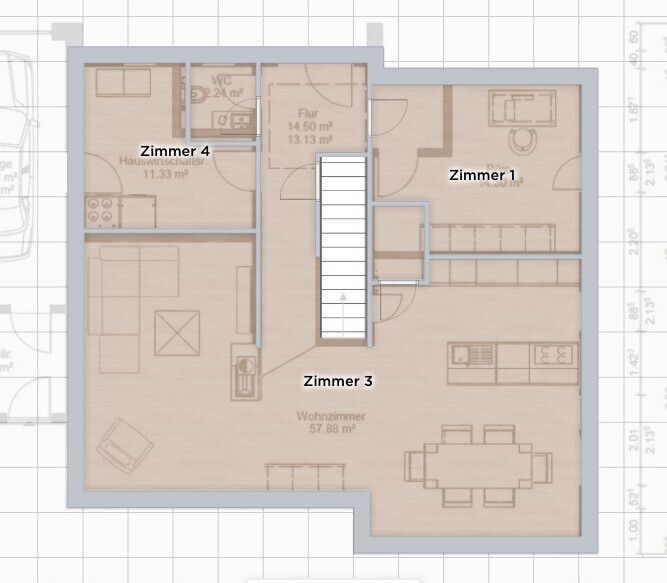 Grundriss eines Obergeschosses: Zimmer 1-4, Flur, Treppenhaus, WC und Wohnzimmer.