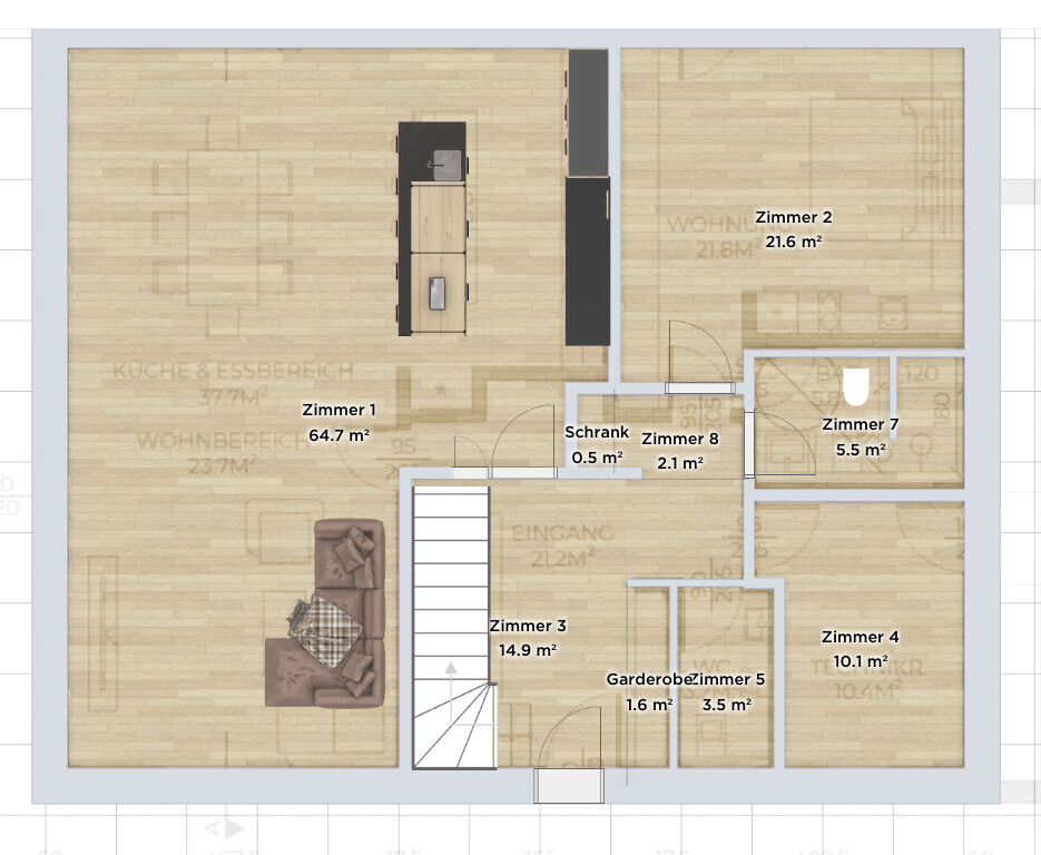 Grundriss eines Hauses: Zimmer 1–8, Küche, Wohn- und Essbereich, Treppe, Garderobe.