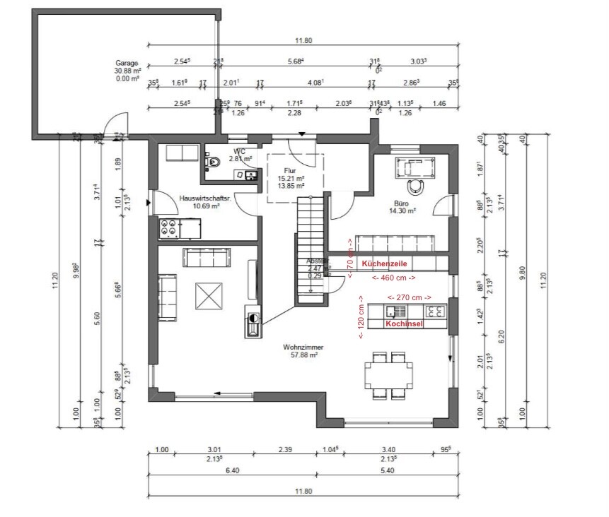 2D Grundrissplan eines Hauses mit Wohnzimmer, Küche, Büro und Treppe