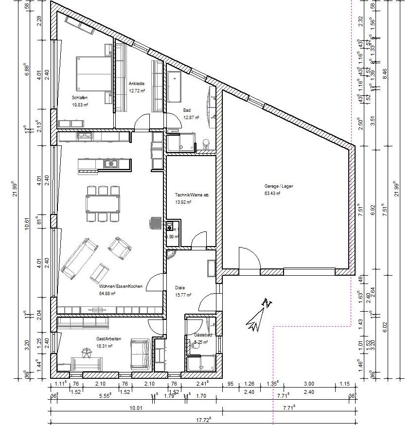 Grundriss eines Hauses: Wohn-/Ess-/Küche, Schlafzimmer, Ankleide, Bad, Gästezimmer, Technik, Garage