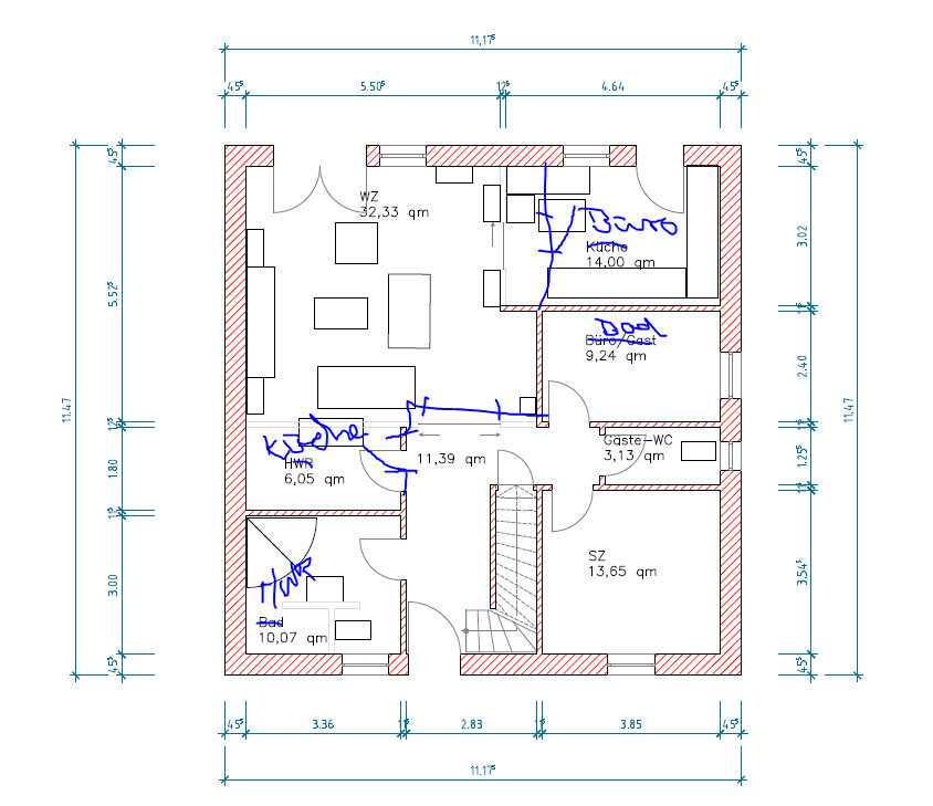 2D-Grundriss eines Hauses mit Küche, Bad, Wohnzimmer, Schlafzimmer und Flur