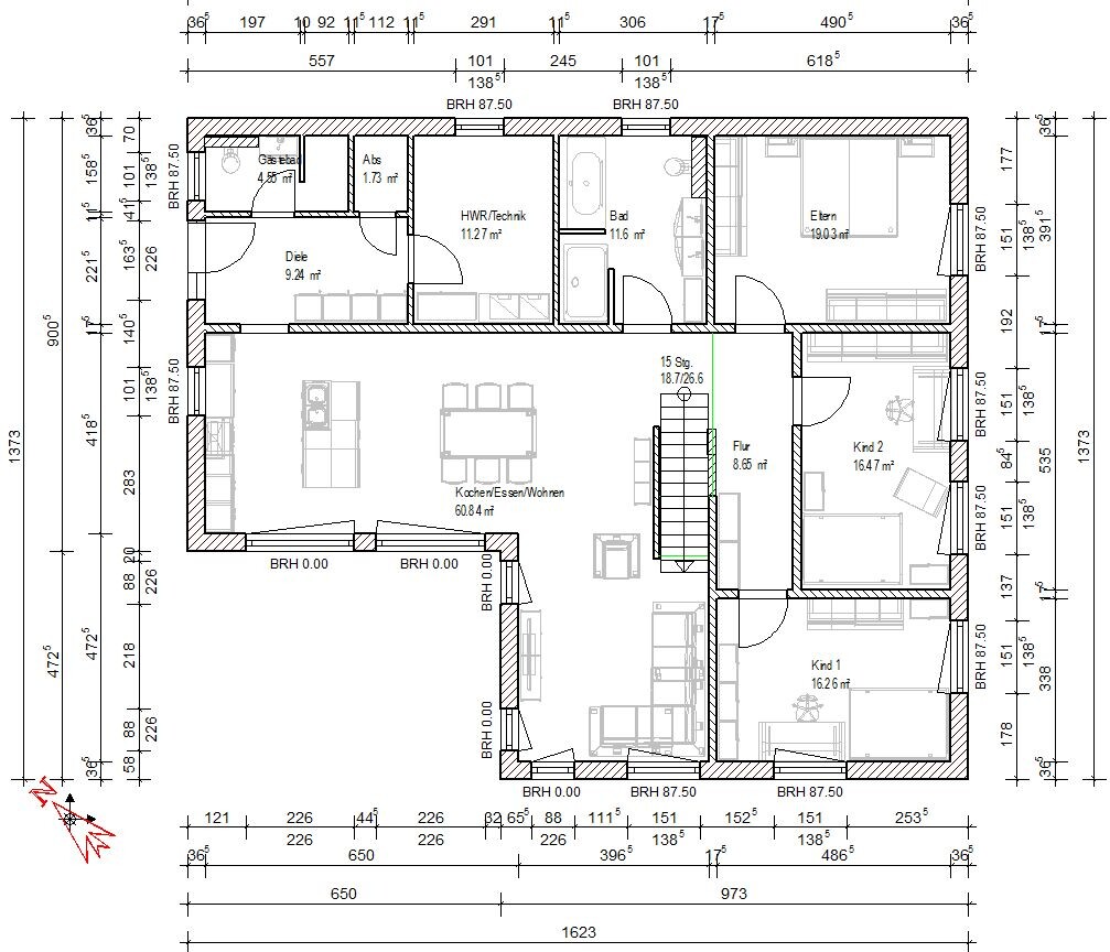 Grundriss: Offener Koch-/Wohn-/Essbereich, Flur, Treppe, HWR, Bad, Eltern- und zwei Kinderzimmer.