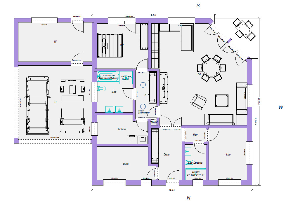 Grundriss eines Hauses: Garage links, Büro, Technik, Diele, Flur, Bad und offener Wohn-/Essbereich.