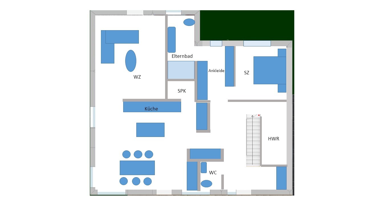 Grundriss eines Hauses mit Möbeln: WZ, Küche, SZ, Ankleide, SPK, HWR, WC, Treppe.