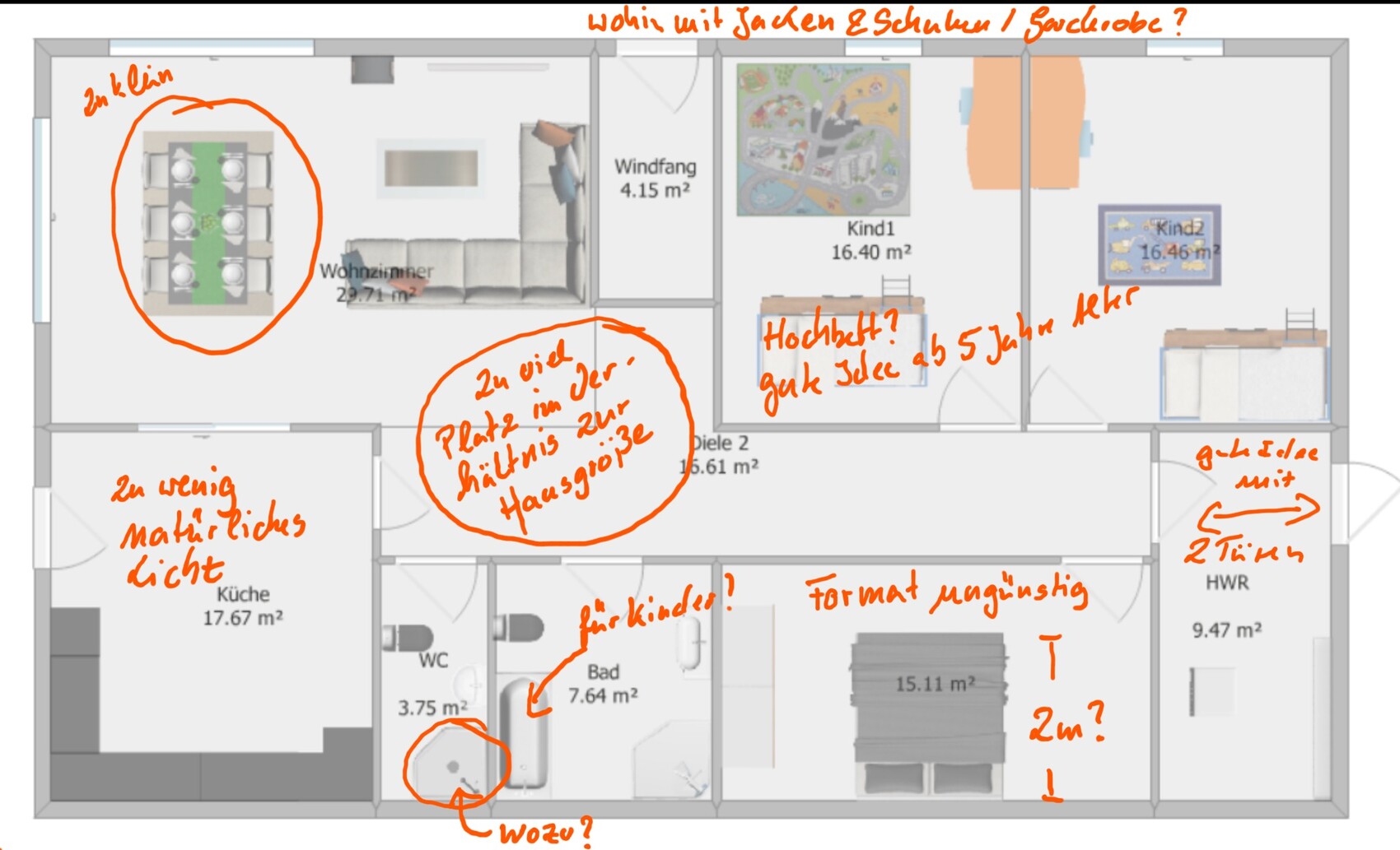 Grundriss einer Wohnung mit Küche, Wohnzimmer, Kinderzimmer; orange Notizen zur Raumaufteilung.