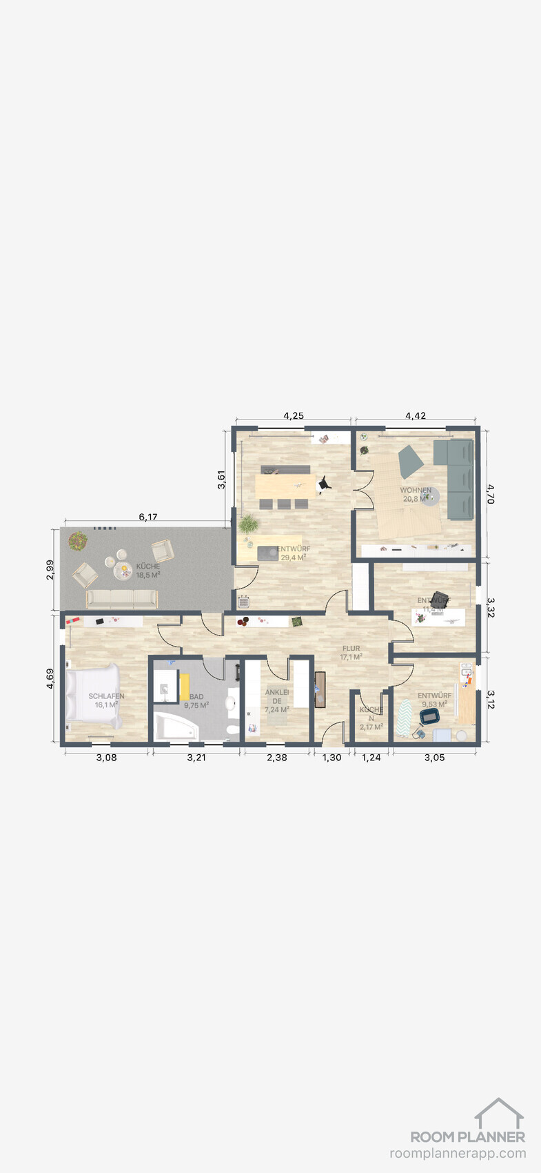 Grundriss einer Wohnung mit Küche, Wohnzimmer, Schlafzimmer, Bad, Flur und Ankleide.