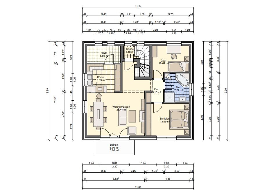 Grundriss eines Wohnhauses mit Balkon: Wohnen/Essen, Küche, Flur, Schlafen, Bad, Gast
