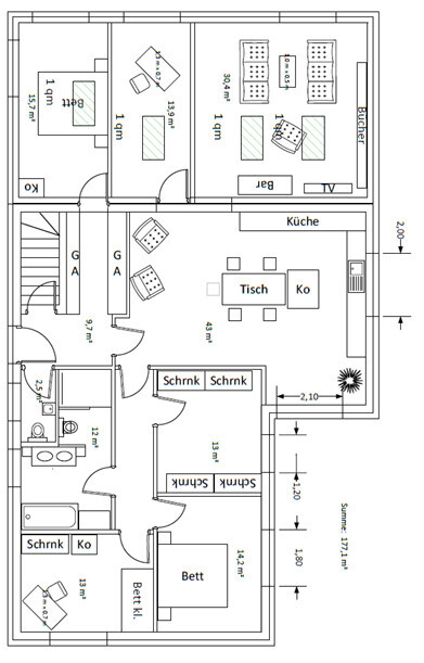 Grundrissplan eines Hauses mit Küche, Essbereich, Wohnzimmer, Schlafzimmer, Bad und Terrasse.