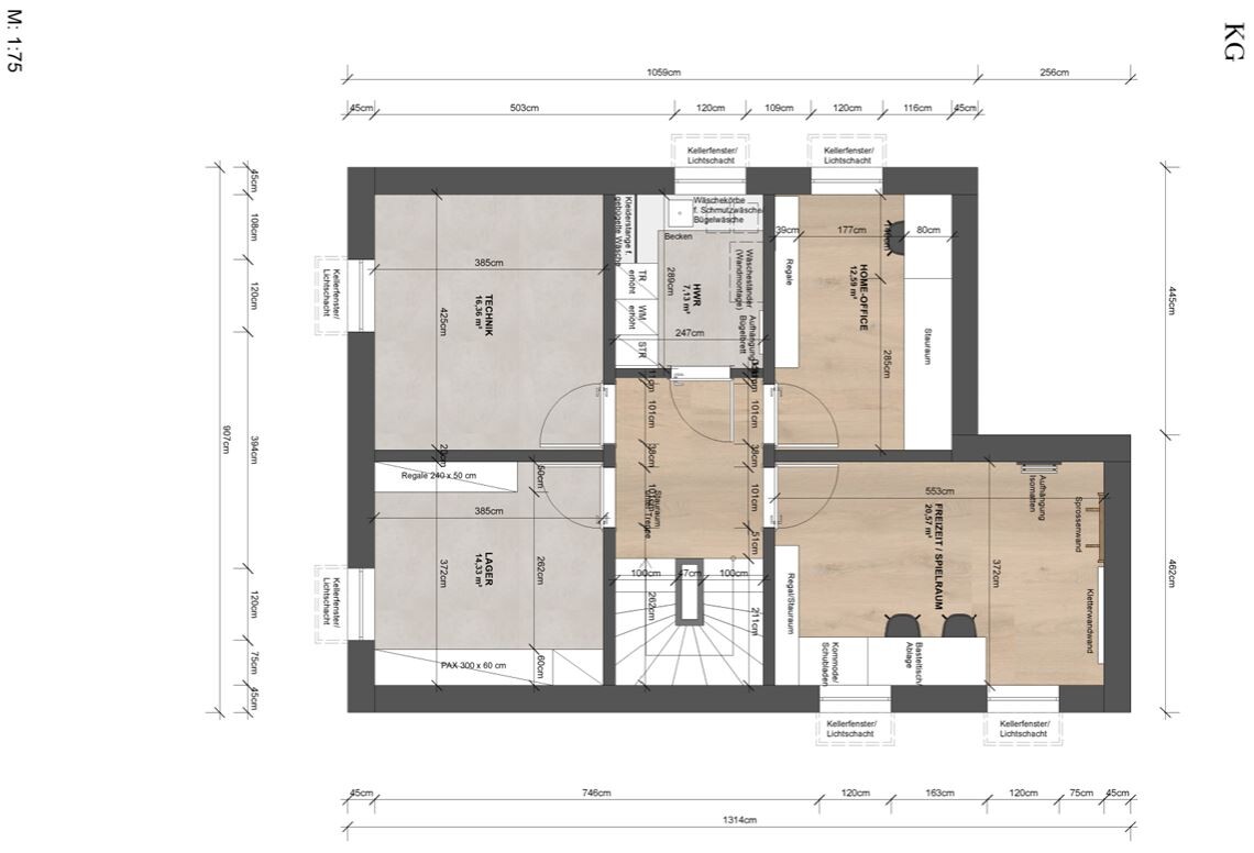Detaillierter Grundriss eines Hauses mit Wohnzimmer, Küche, Schlafzimmer und Kellerräumen.