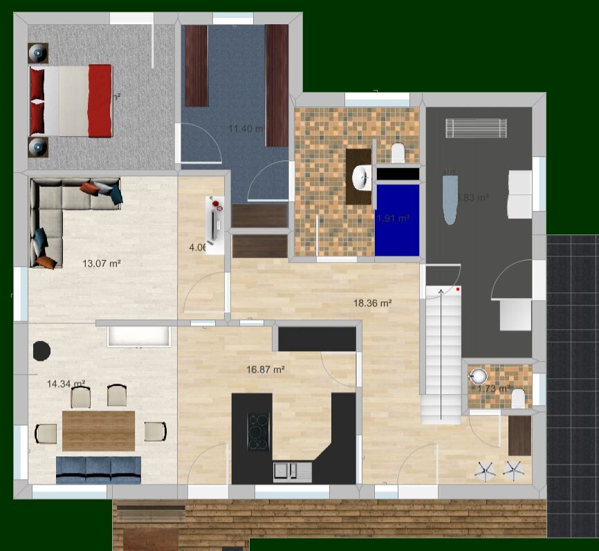Grundriss eines Hauses: Schlafzimmer, Wohnzimmer, Esszimmer, Küche, Bad, Flur, Treppe, Terrasse.