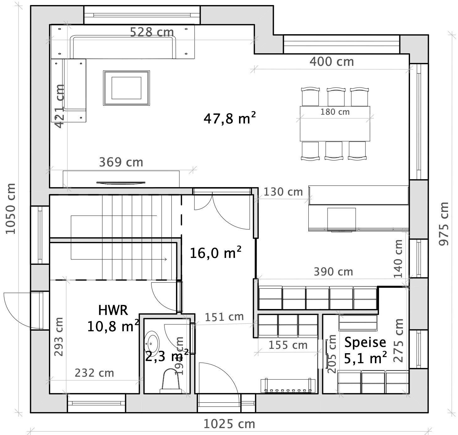 2D-Grundrissplan eines Hauses mit Wohnzimmer, Küche, Speise und Flur