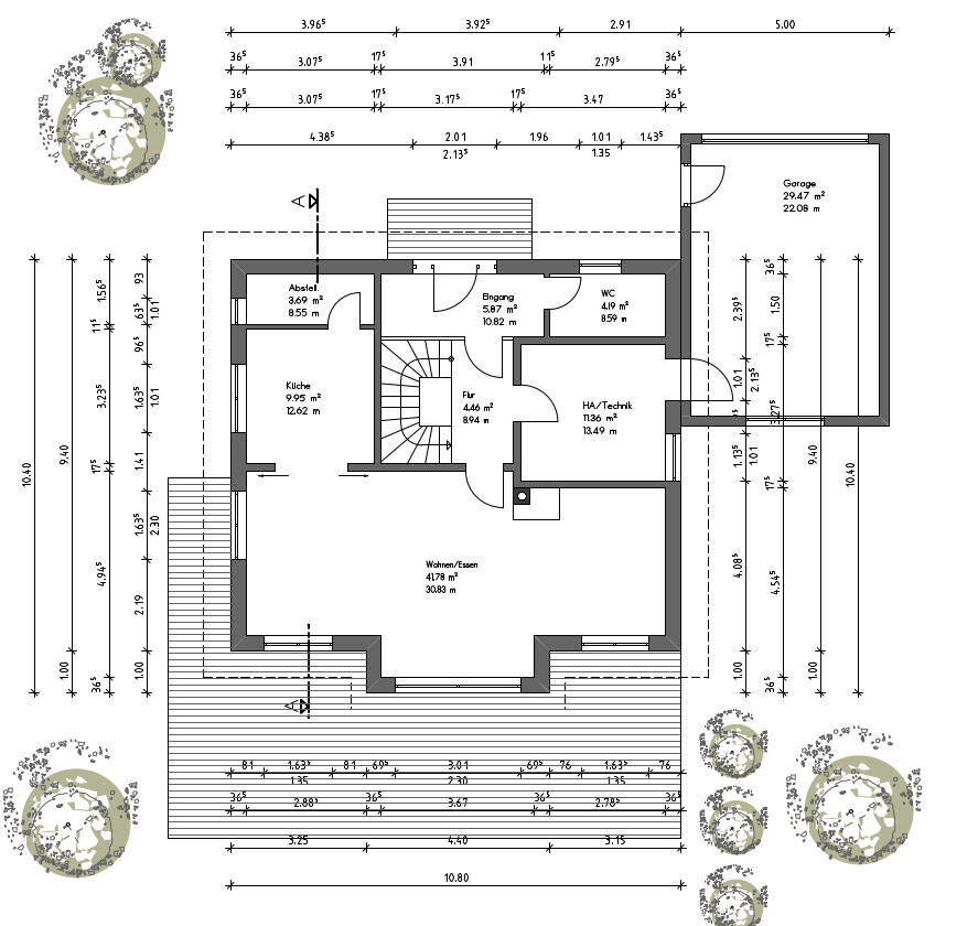 Grundriss eines Hauses: Eingangsbereich, Küche, Wohnzimmer, Flur, Abstell, WC, Ha/Technik und Garage.
