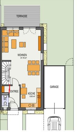 2D-Hausgrundriss mit Wohnzimmer, Küche, Eingang, WC, Terrasse und Garage