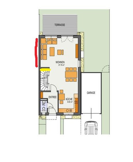 Grundriss eines Hauses: Eingang, Küche, Wohnzimmer mit Essbereich, Treppe, WC, Garage und Terrasse.