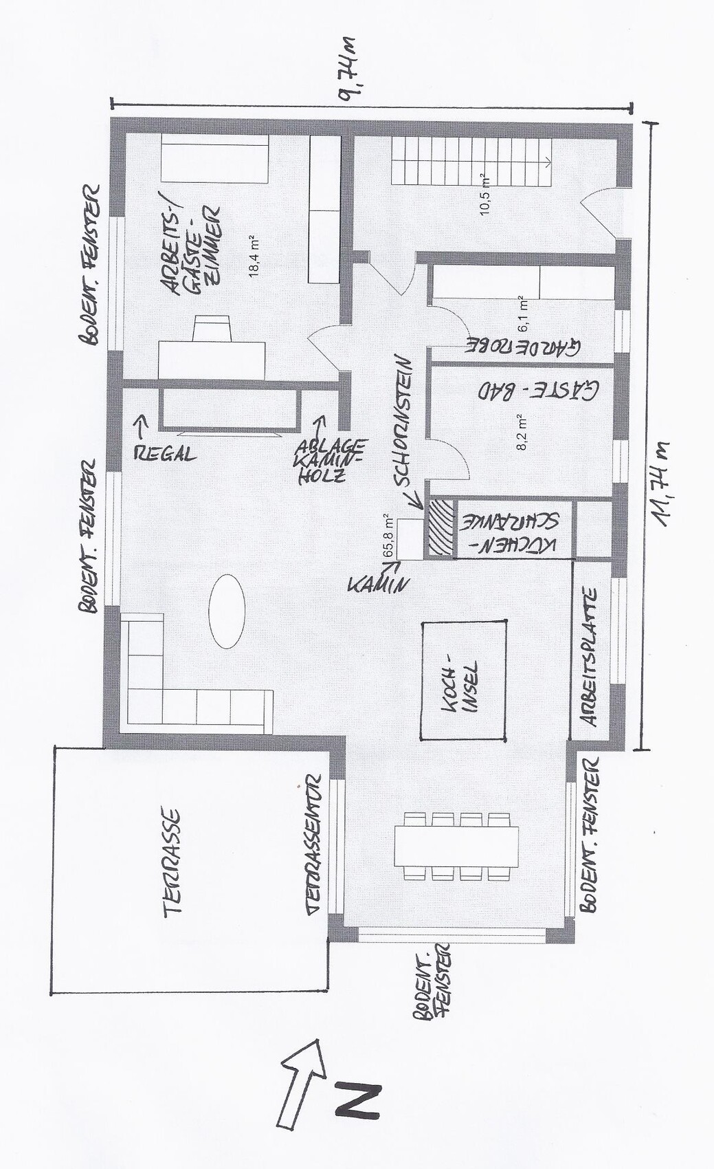 2D Grundriss eines Hauses mit Wohnzimmer, Küche, Terrasse und Eingangsbereich
