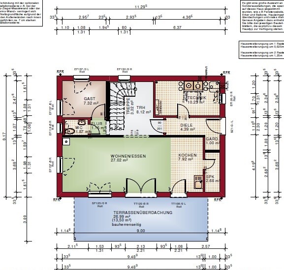 Grundriss eines Hauses mit Wohnzimmer, Küche, Terrasse und Eingangsbereich.