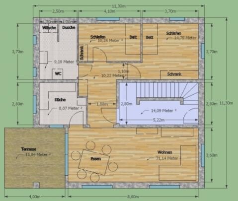 Grundriss eines Hauses mit Küche, Wohnzimmer, Schlafzimmern, Bad und Terrasse