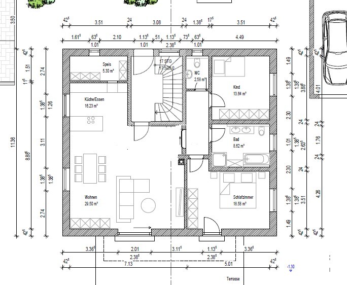 Grundriss eines Einfamilienhauses: Küche, Wohnen, Bad, Schlafzimmer, Kindzimmer, Terrasse.
