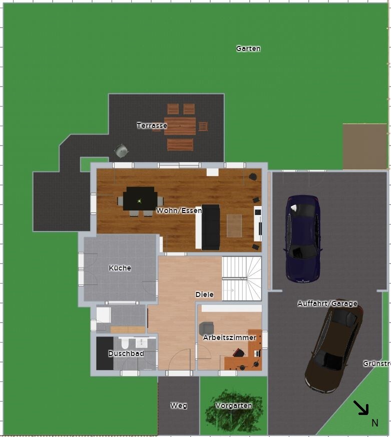 Grundriss eines Hauses: Wohn- und Essbereich, Küche, Arbeitszimmer, Diele, Terrasse, Garten und Garage.