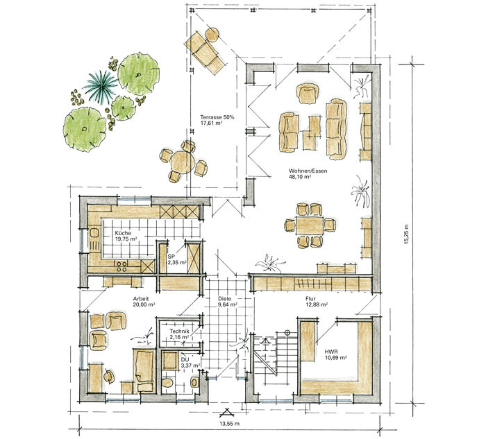 Grundriss eines Wohnhauses mit Wohnzimmer, Küche, Terrasse und Garten (Skizze).