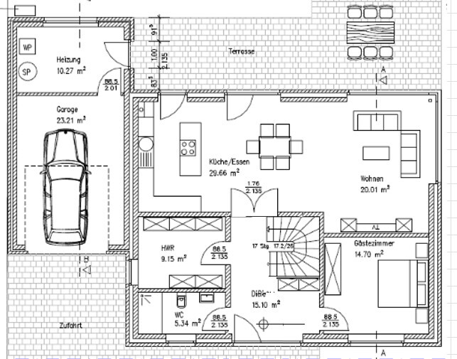 Grundriss eines Hauses: Küche/Essen, Wohnen, Diele, Terrasse, Garage, WC, HWR.