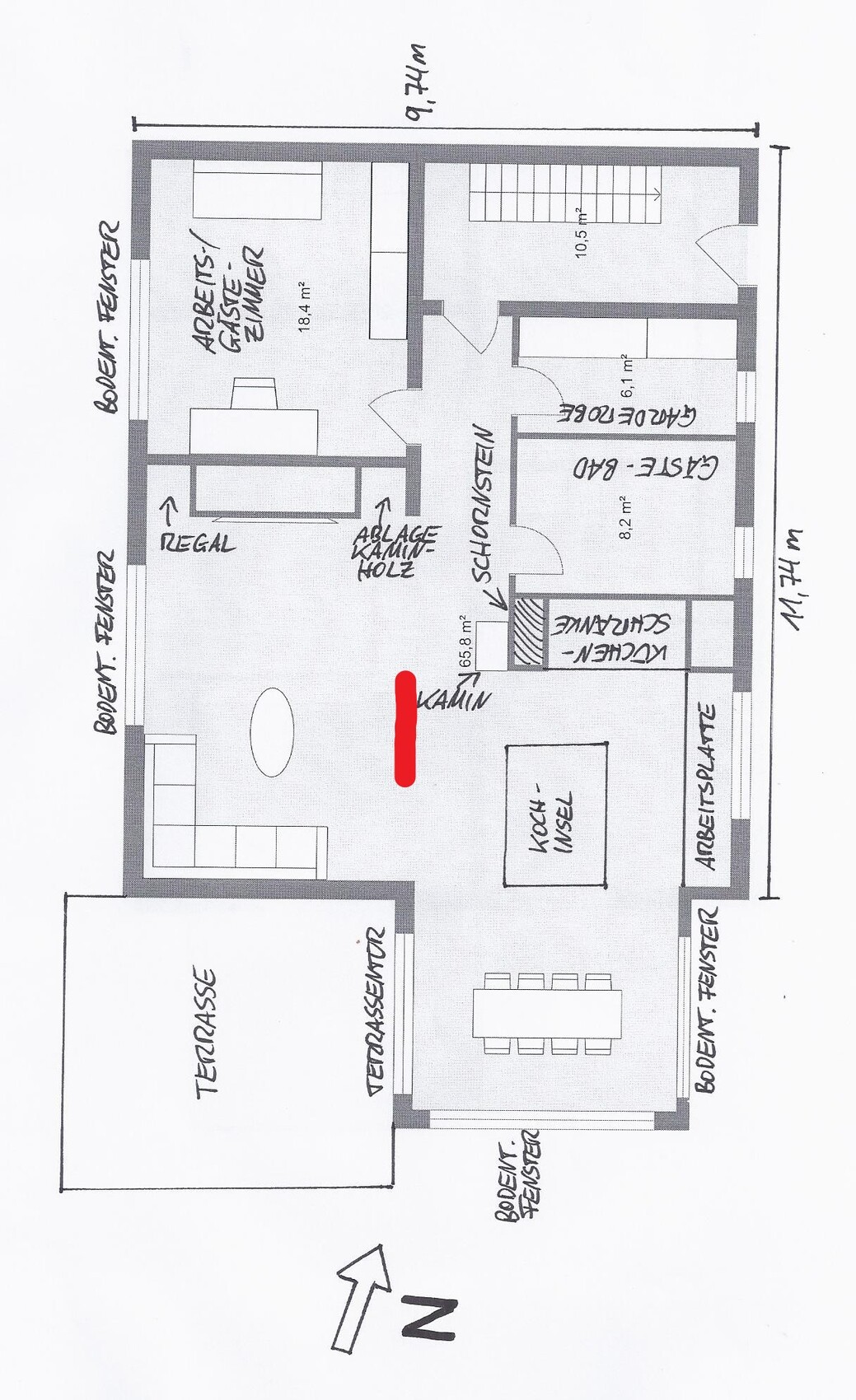 Grundriss eines Hauses mit Wohnzimmer, Küche, Terrasse und Fluren