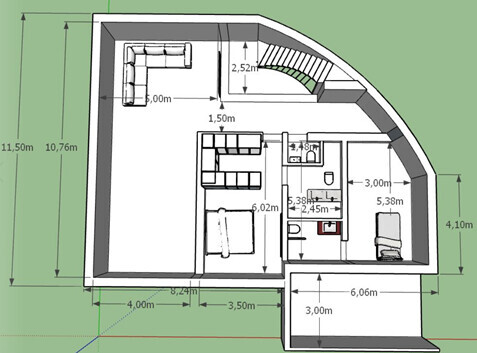 2D-Grundriss eines Hauses mit Wohnzimmer, Küche und Treppe, einschließlich Maßen.