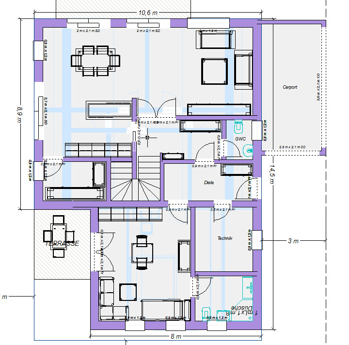 Grundriss eines Hauses mit Carport, Terrasse, Treppenhaus, Wohnzimmer, Küche.