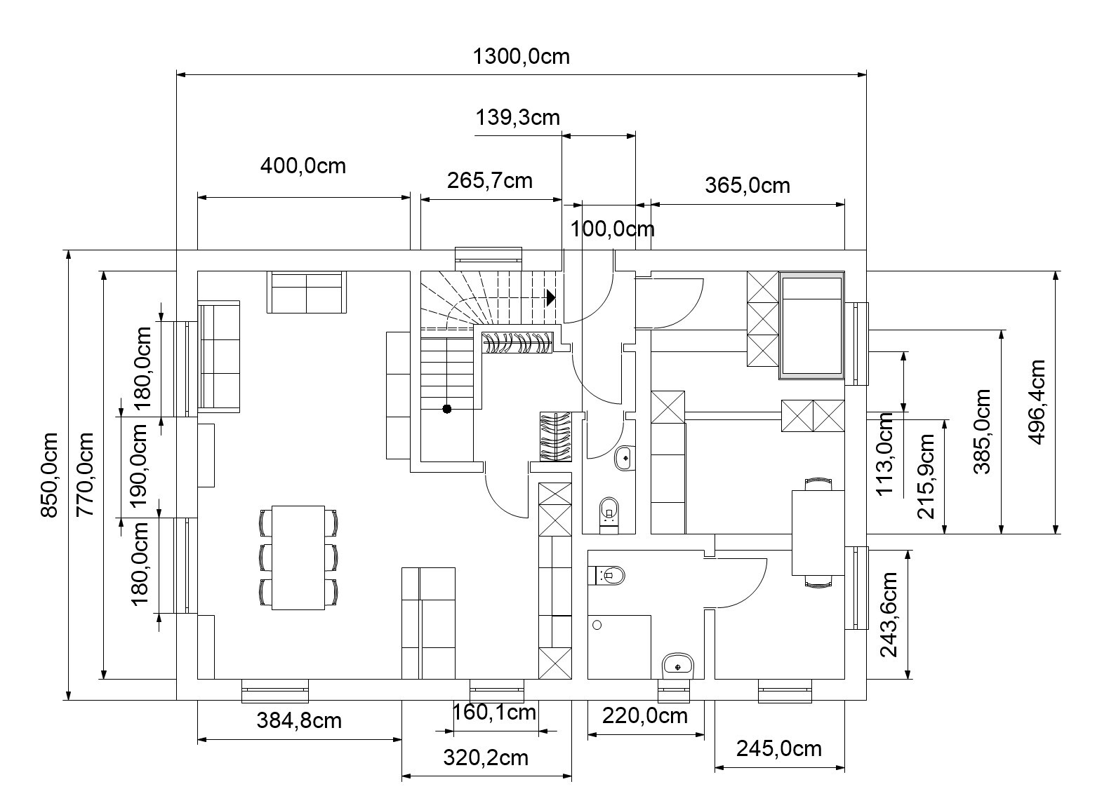 2D-Grundriss eines Hauses mit Treppenhaus, Eingangsbereich, Küche, Wohnzimmer und Bad.