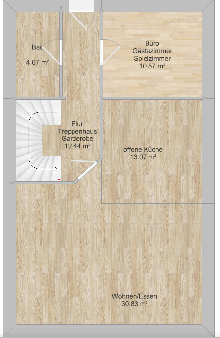 Grundrissplan eines Hauses mit Wohnbereich, offener Küche, Büro/Gästezimmer und Bad