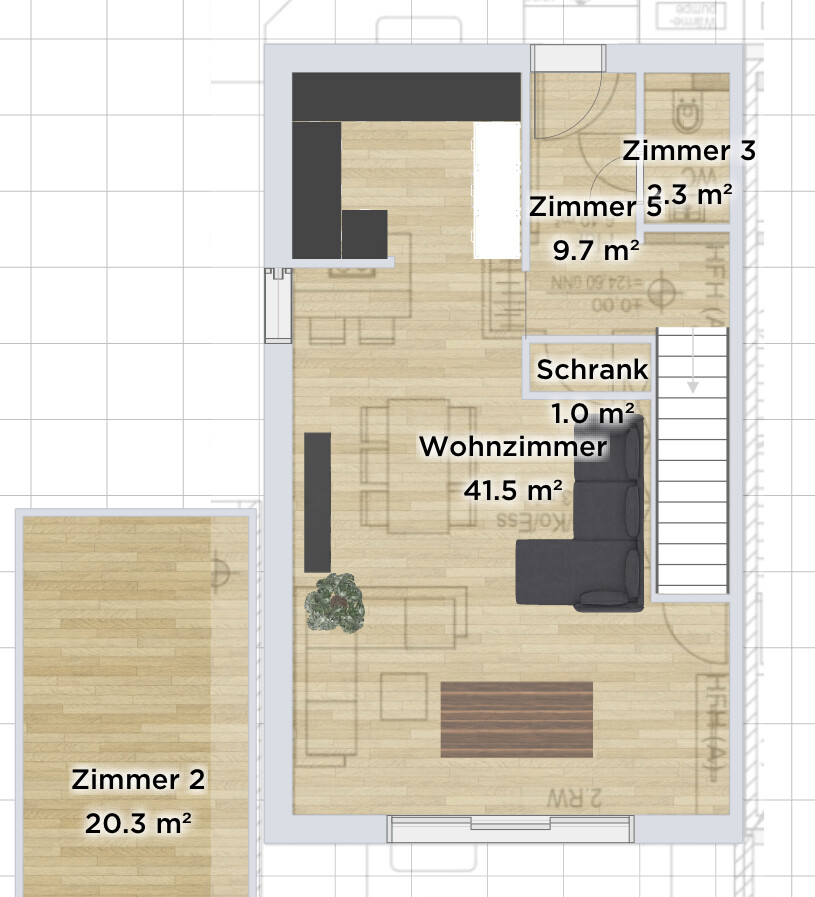 Grundriss: Wohnzimmer 41.5 m² mit Sofa und Esstisch; zwei kleine Zimmer; Treppe.
