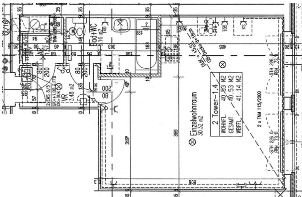 Architektur-Plan eines Gebäudes: Grundriss mit Maßen, Wänden und Türen.